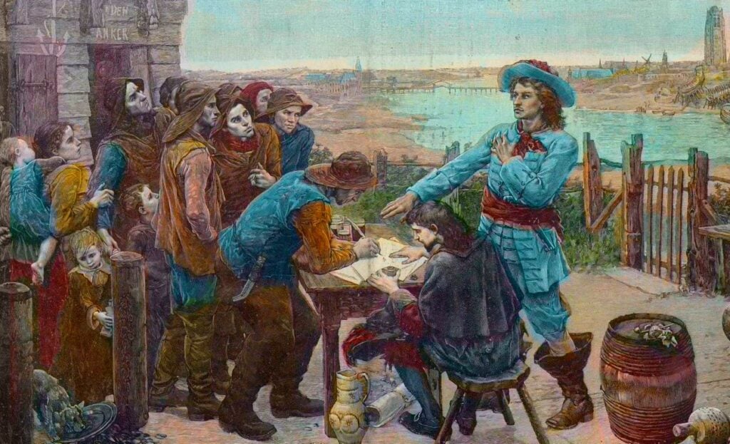 Gravure : le corsaire Jean Bart avec des pêcheurs à Dunkerque